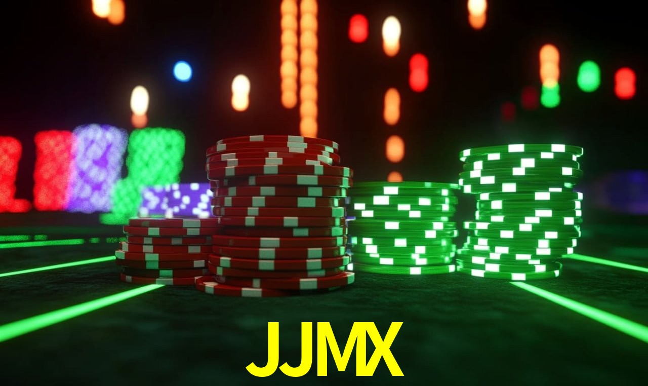 Una escena digital vívida inspirada en casino con JJMX mostrado prominentemente, luces brillantes, fichas, cartas y acentos dorados.