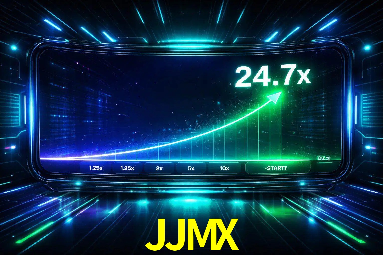 Una pantalla moderna de juego estilo crash con multiplicadores ascendentes, visuales de neón y una interfaz intensa enfocada en la acción.